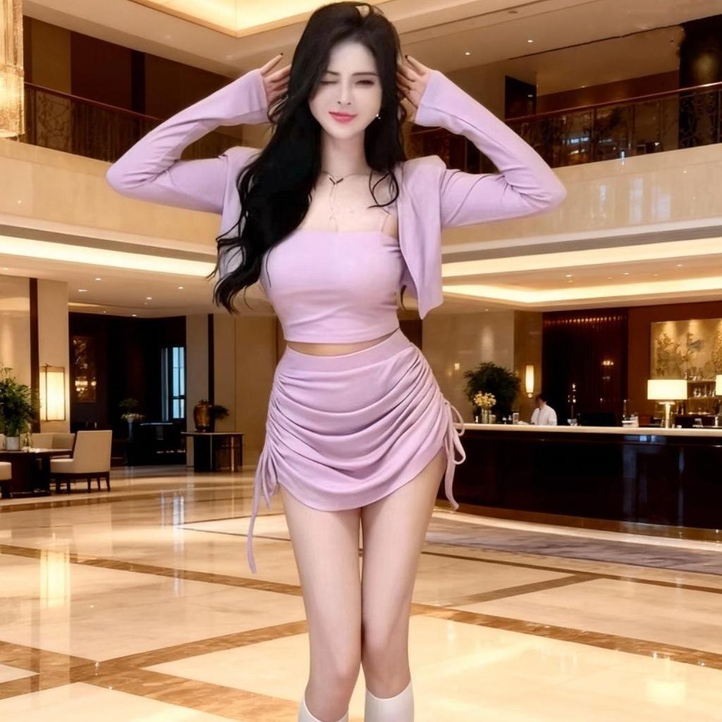 Spicy American Girl Korean-Style Long Sleeve Shawl Vest & Bodycon Skirt Set