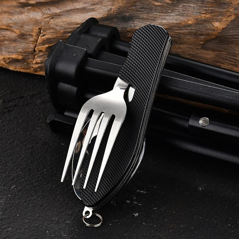 4 In 1 Tableware Foldable Stainless Steel Fork Spoon Knife Bottle Opener Portable Picnic Camping Hiking Travelling Dinnerware