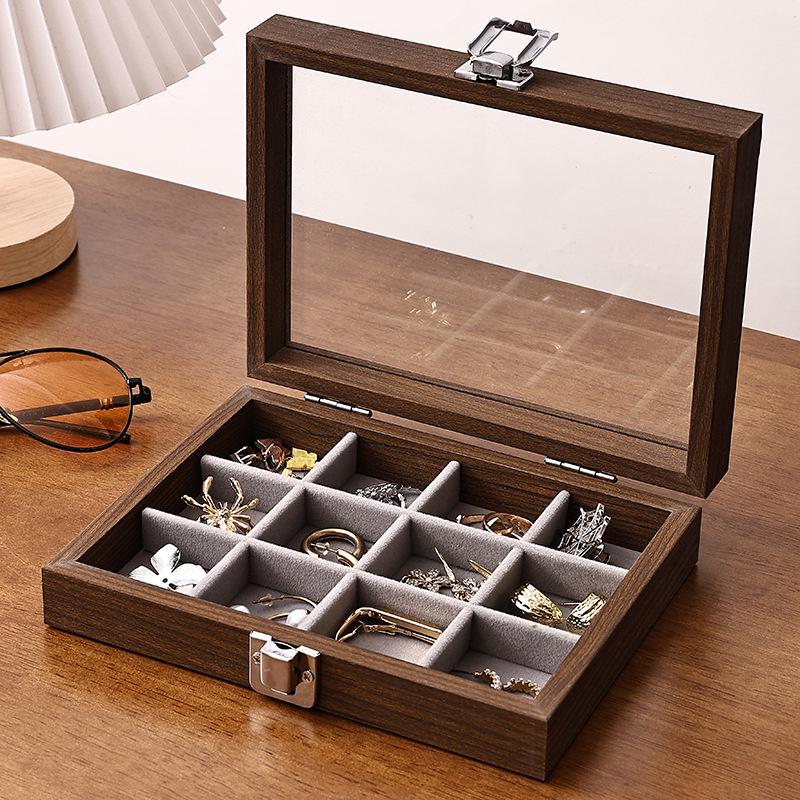 Compact Walnut Jewelry Box for Earrings, Rings, Necklaces, and Bracelets - with Lid and Display Case