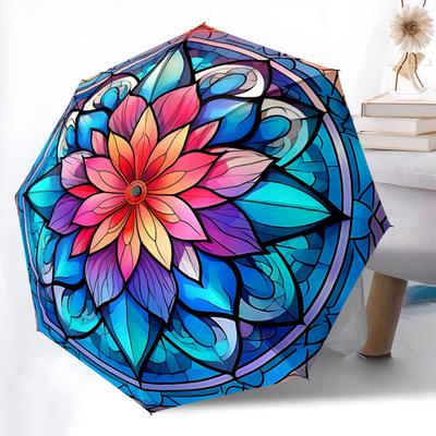 1pc Stained Glass Mandala Automatic Open/Close Umbrella, Portable Folding Umbrella, Compact Travel Umbrella For024