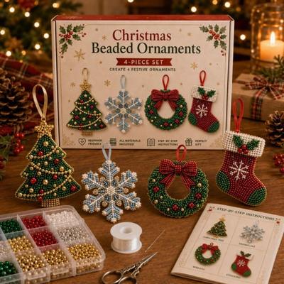 Christmas Themed Christmas Beaded Ornaments Kit 4-Piece Set Beading DIY Kit Christmas Decoration