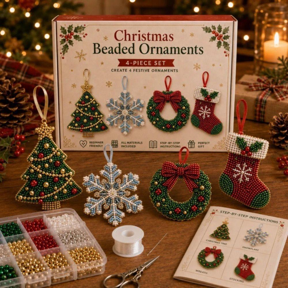 Christmas Themed Christmas Beaded Ornaments Kit 4-Piece Set Beading DIY Kit Christmas Decoration