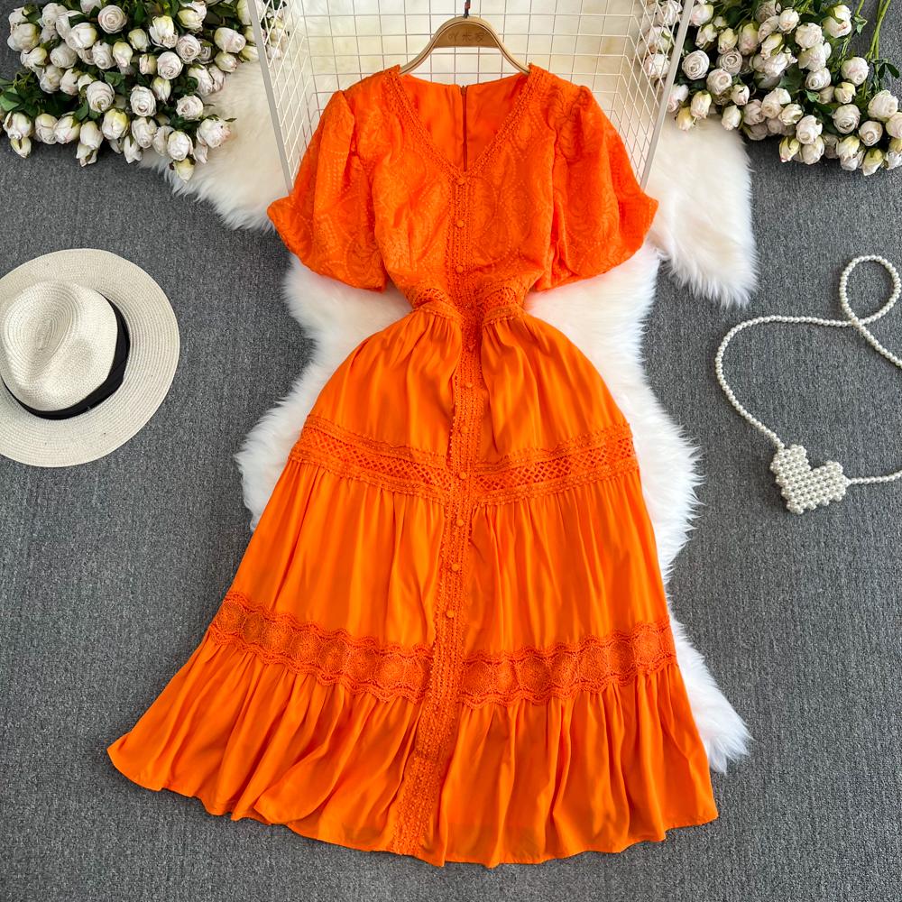 

Новое летнее женское платье с v-образным вырезом и пышным коротким рукавом, тонкое длинное платье высокого качества, кружевное лоскутное платье с большим подолом, винтажное платье с вышивкой L