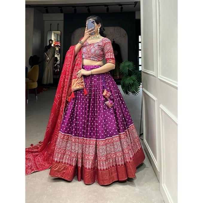 Kvinnes perfekt Kolleksjon Tussar Silke Lehenga Choli Patola Trykk med Foliearbeid ,Uferdig Bluse,
