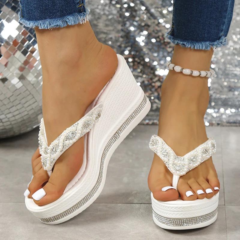 Fashion String Bead Wedges Slippers Women 2025 Summer Chunky Platform Beach Flip Flops Woman Clip Toe High Heeled Sandals 35-43