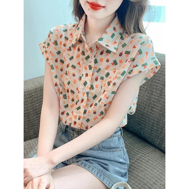 Женская принтованная рубашка Летняя Новая Ретро Гонконгский стиль Свободная Короткий рукав Приталенная Рубашка S бежевый
