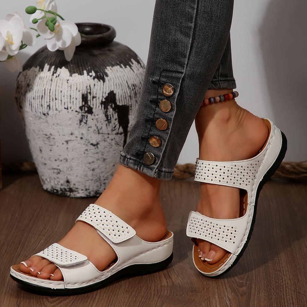 Women's White & Golden Synthetic Cover Slip-On Sandals - Open-Toe Flat Heel with Breathable Perforations, Cushioned Insole, Comfortable Footwear