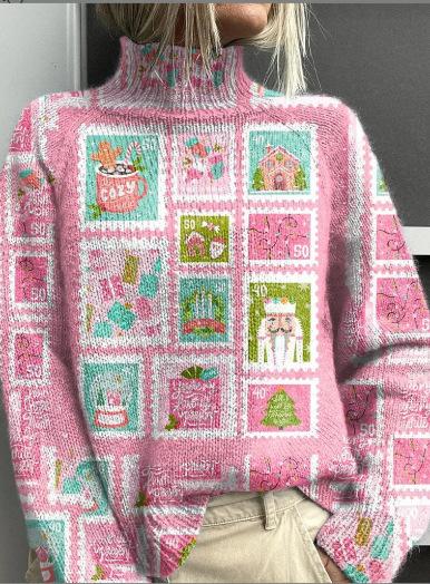 New Christmas abstract print casual cape jacket cardigan thick needle sweater