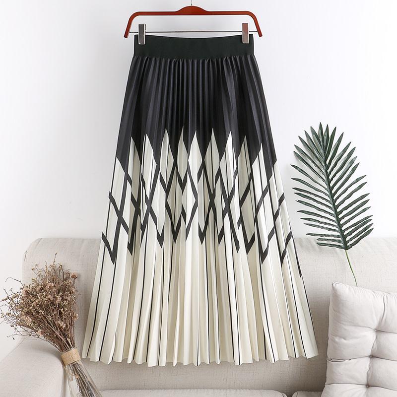 Qooth Spring Summer Women Casual Midi Skirts Rhombus Printing Patchwork Skirt High-waisted A-line Skirt