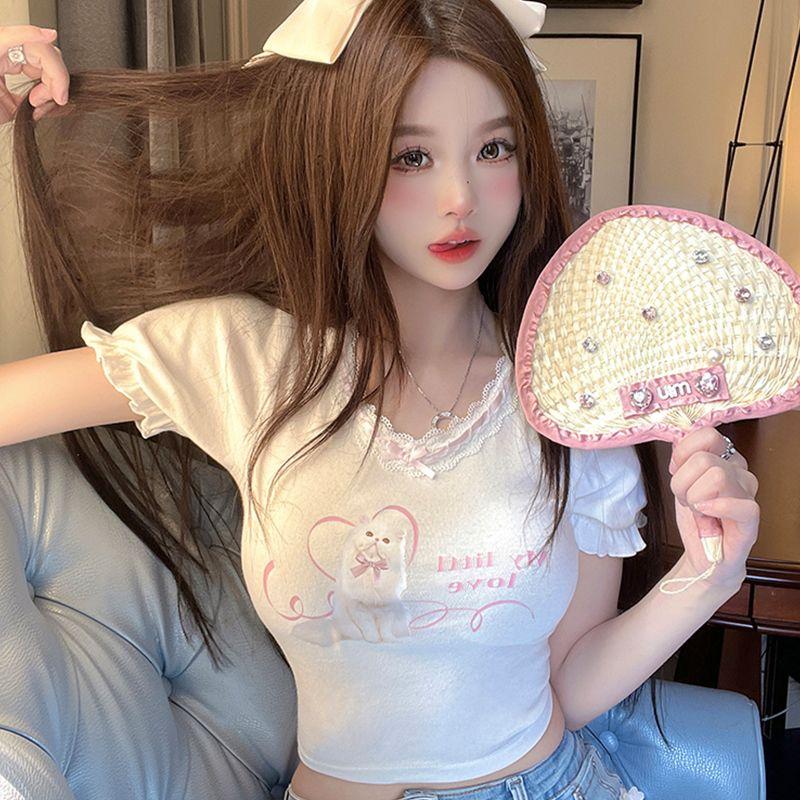 

Милые кружевные футболки для девочек, белые, розовые, с коротким рукавом, топы для подруг S белый