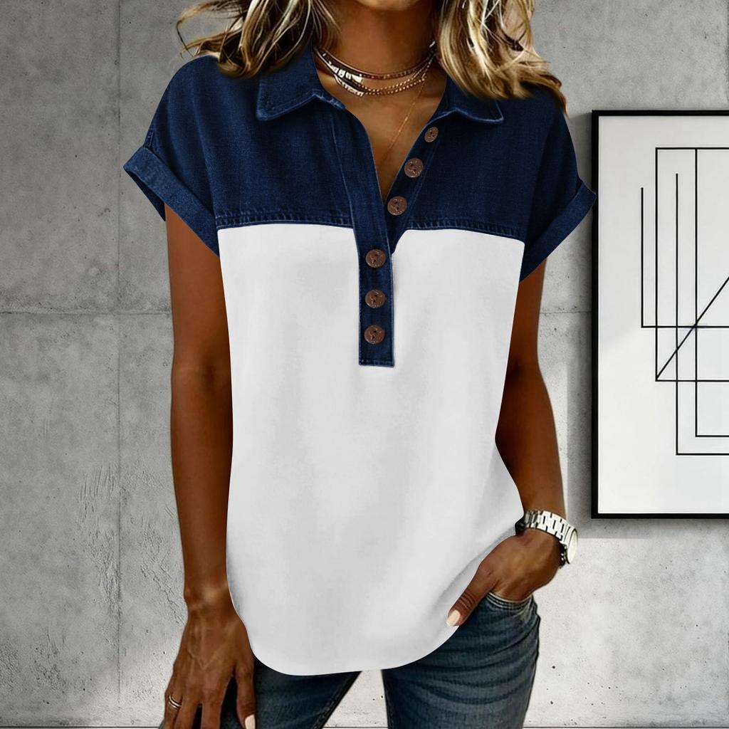 Denim Patchwork Shirts For Women Stand Collar Casual Blouse Short Sleeve Comfy Tshirt Spring Summer Fashion