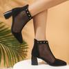Studded Spliced Block Heel Sandals Summer New Spliced Mesh Cutout Breathable Rear Zipper Non-Slip Heels