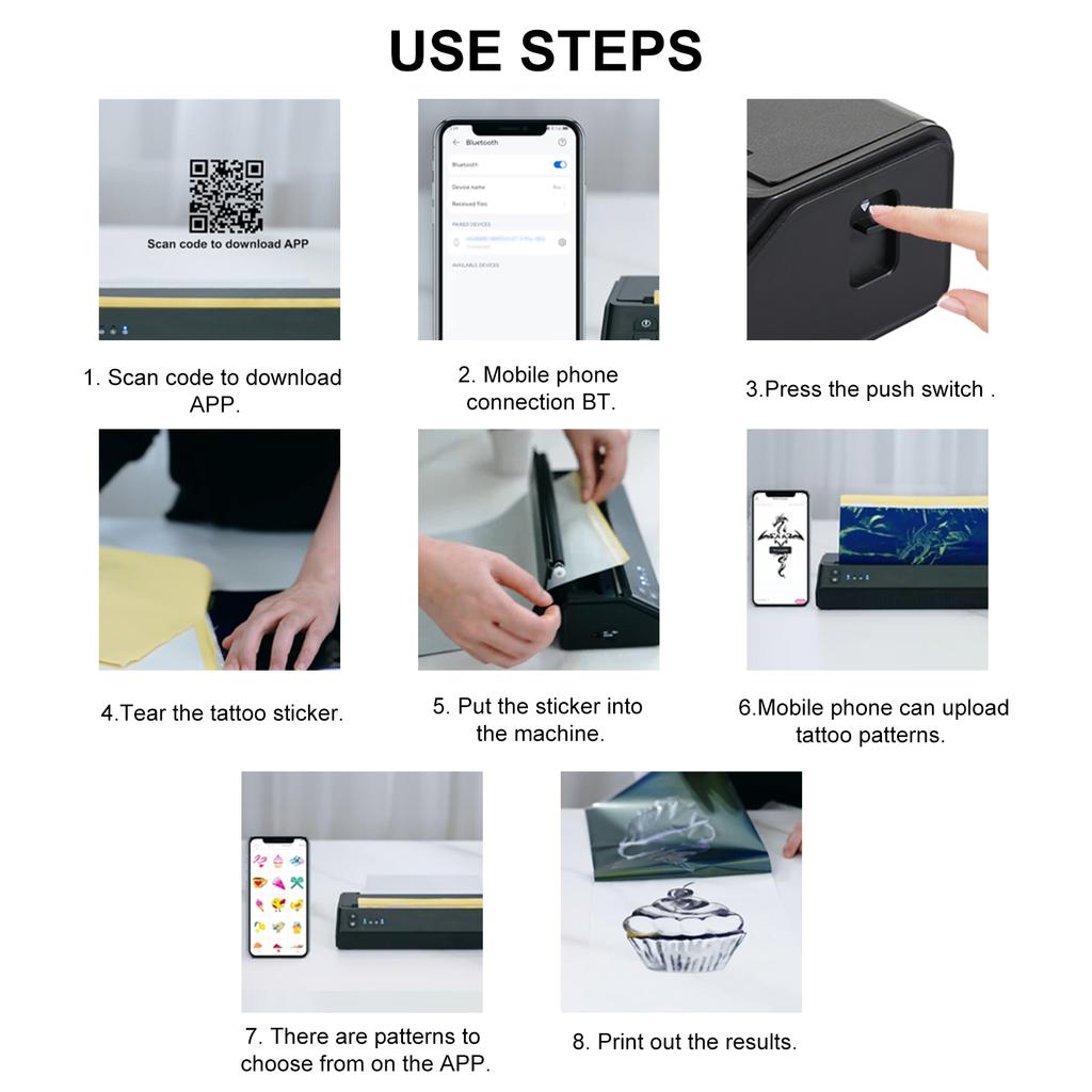 Thermal Printer Wirelessly Photo Tester Paper Printer Portable 203DPI Tattoo Transfer