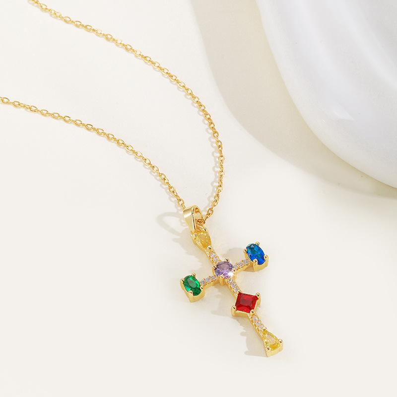 Color Zircon Cross Necklace Women'S High Sense Personality Versatile Inlaid Pendant Collarbone Chain