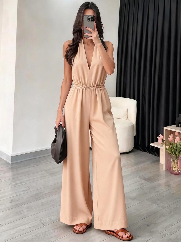 2026 Summer Women's V-neck Halter Jumpsuit: European & American Style, Chic French Fashion