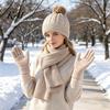 Soft Acrylic Cold Weather Gear Winter Hat Scarf Gloves Set, Knitted Pom Warm Thermal Stylish Outdoor Skiing And Hiking Sets Gloves, Solid Color