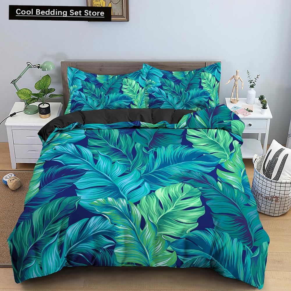Příroda Tropické Zelené Listy Král Královna Ložní Souprava Deštný Prales Džungle Rostlina Povlak na Přikrývku 3D Botanický Polyesterový Povlak na Peřinu