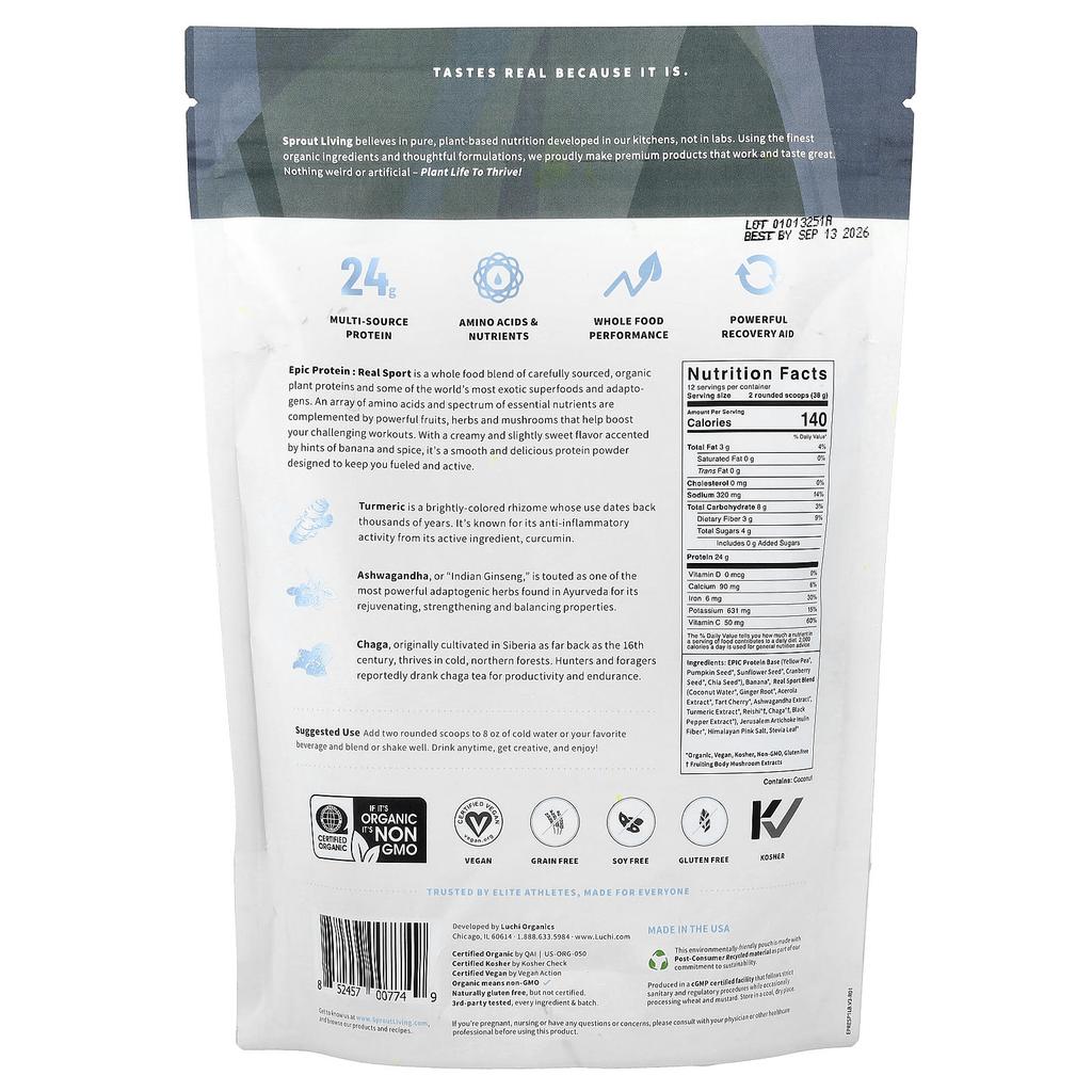 Epic Protein, Organic Plant Protein & Superfoods, Real Sports, 494G (1.1Lb)