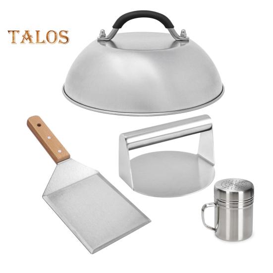 4Pcs BBQ Tool Set Stainless Steel Burger Press Grill Spatula Spice Dredge Shaker Pot Lid Cover Burger Smasher Kit for Cooking