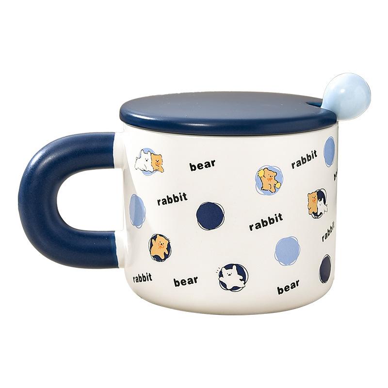 Cute Style Couple Water Cup Breakfast Cup Cartoon Blue Mug with Lid Ceramic Cup with Mixing Spoon