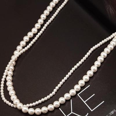 [Ribbon Cream] Pearl Double-Line Long Necklace
