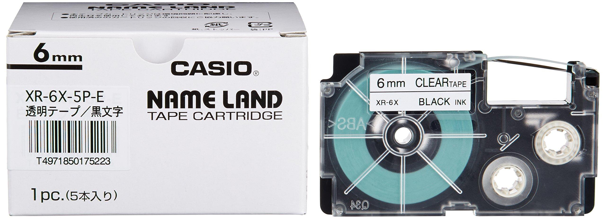 

Casio Name Land Label Printer Genuine Tape 6mm Transparent with Black 5 rolls XR-6X-5P-E Text,