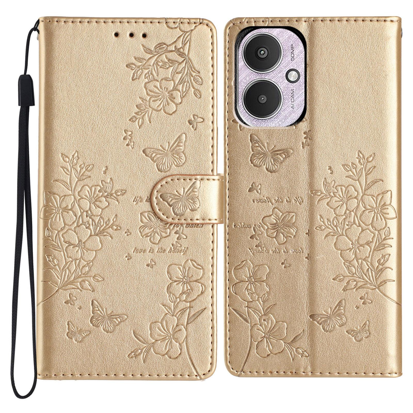 

For Xiaomi Redmi 13C 4G/Poco C65 4G Phone Case Butterfly Floral Imprint Stand Leather Cover Gold