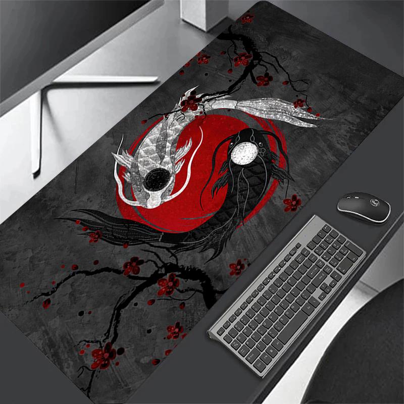 Japanese Desk Mat Black & White Mouse Pad Koi Fish Japan Art Seal Yin-yang Fish Large XXL Gaming Deskmat Rubber Mousepad 80x30