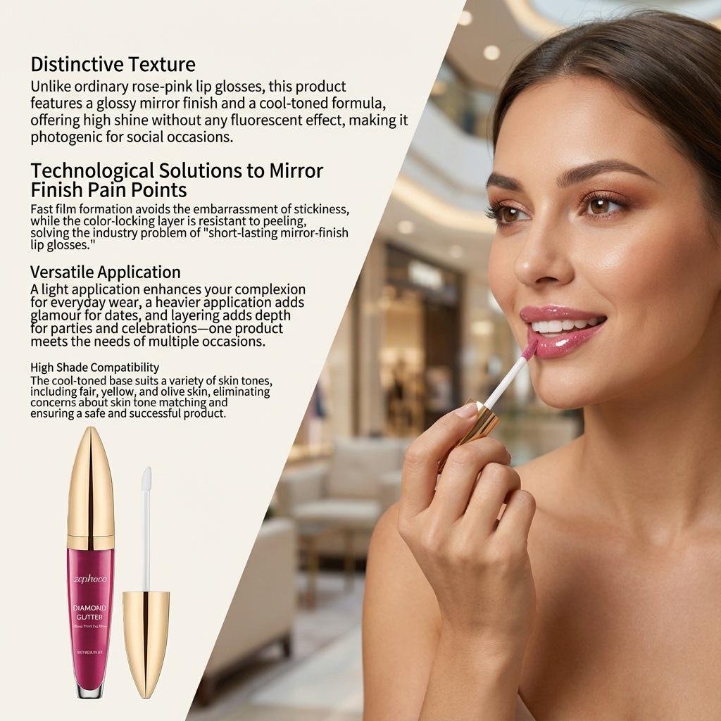 Zephoco Leuchtender Rosenrosa Lippen-Gloss: Feuchtigkeitsspendend, Pigmentiert, Nicht abfärbend, Hydrierend, Seidig, Tragbar.
