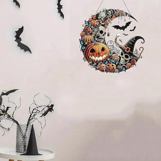 Halloween Diamond Painting Kit - Full Drill Crescent Moon Design with Pumpkin, Skull & Bat Rhinestones, DIY Craft for Beginners