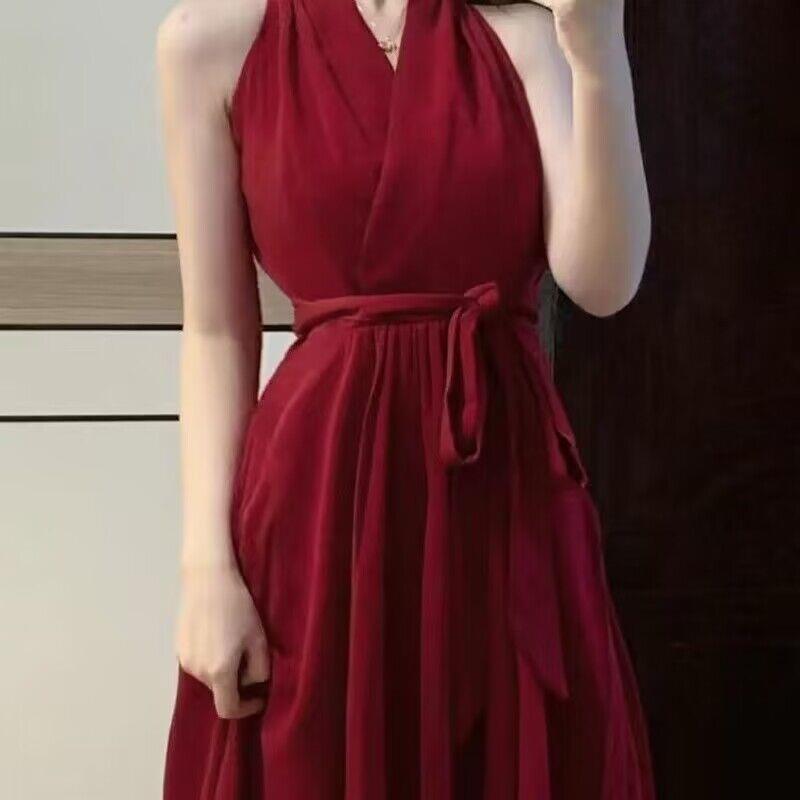 Pure desire wind red neck dress for women's spring and summer new a-word royal sister waist strap slim mid-length dress