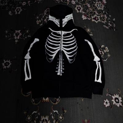 Unisex Hooded Zip-Up Sweatshirt With Skull Print Streetwear Loose Fit Black Long Sleeve