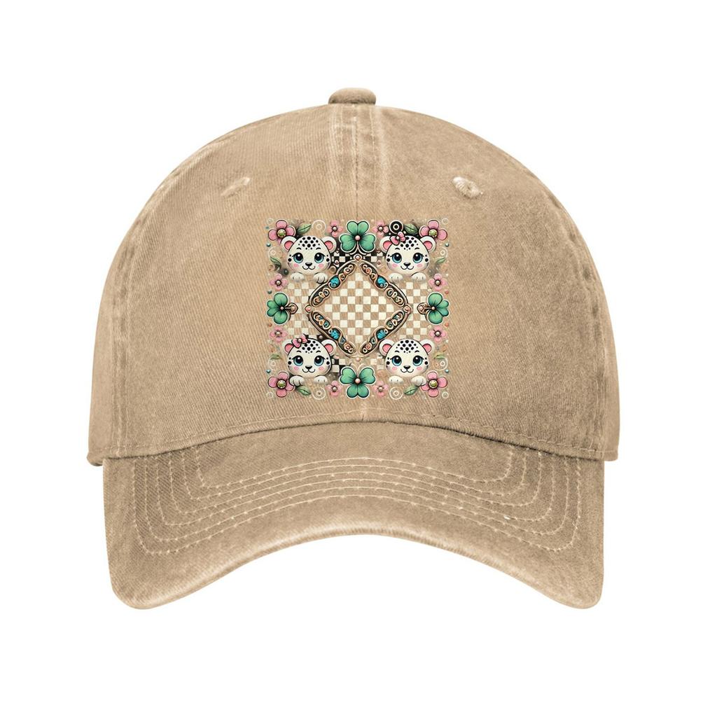 Cute Kawaii Leopard Flower Checkerboard Baseball Cap Washed Denim Dad Hat Adjustable Unisex Casual Headwear
