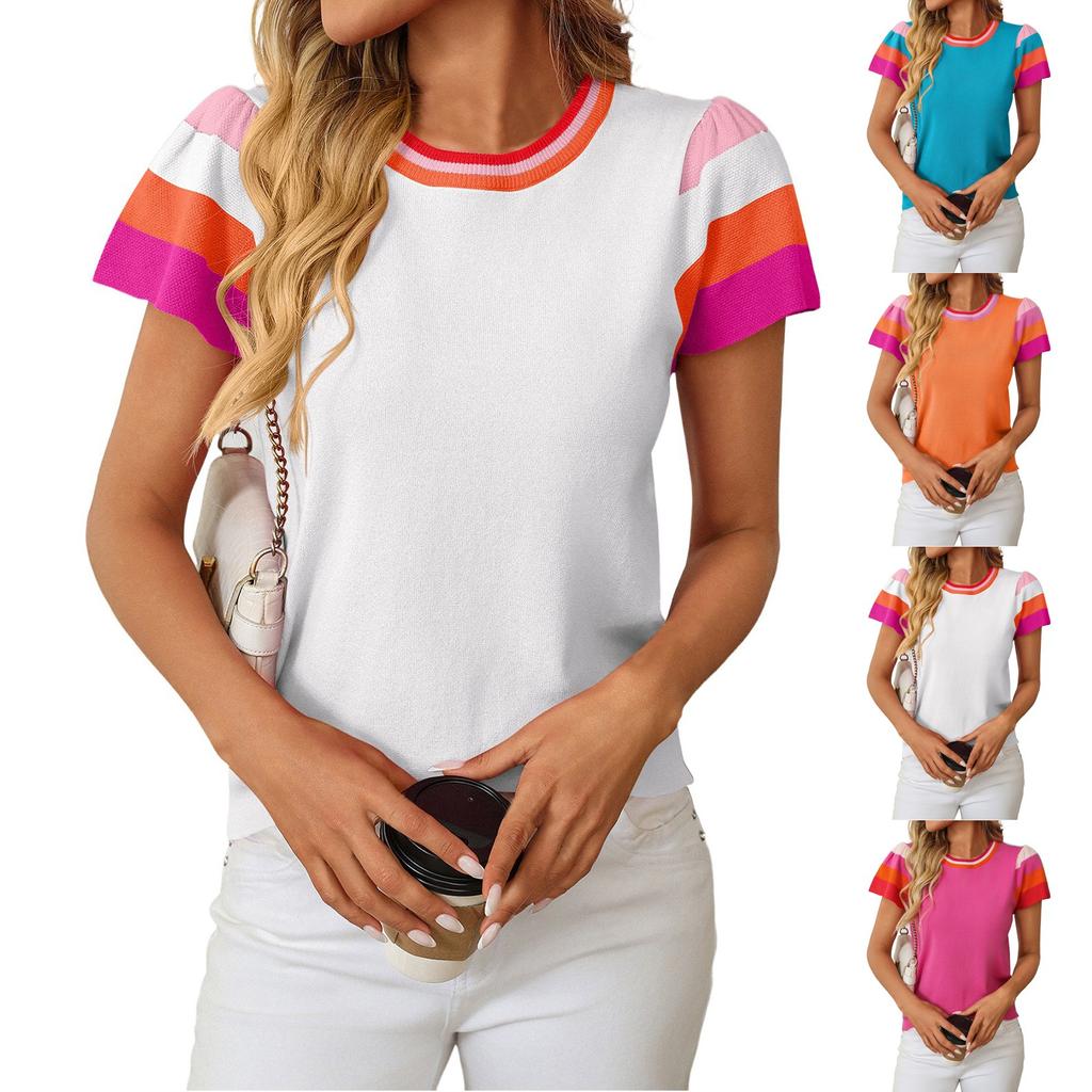 Women's Crew-neck Knitted Top Color Sweet Short-sleeved Sweater Top