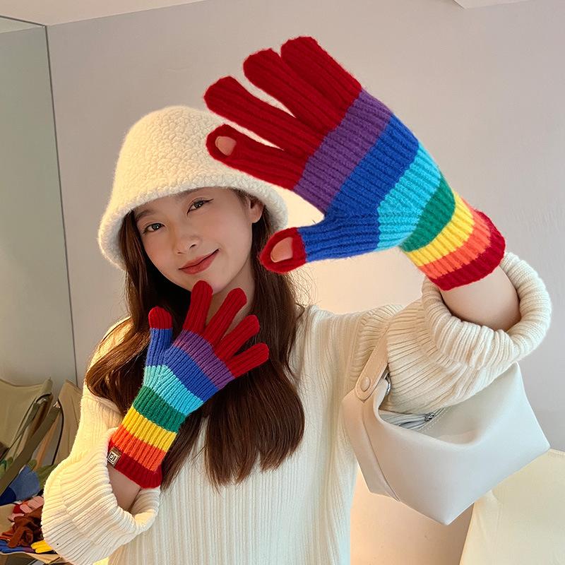 Korean New Rainbow Gloves for Women In Winter Warm Wool Half Finger Gloves American Street Fashion Versatile Cycling Trend