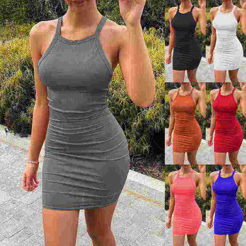 Buy Women's Fashion Solid Color Sleeveless Dress Summer Slim Fit