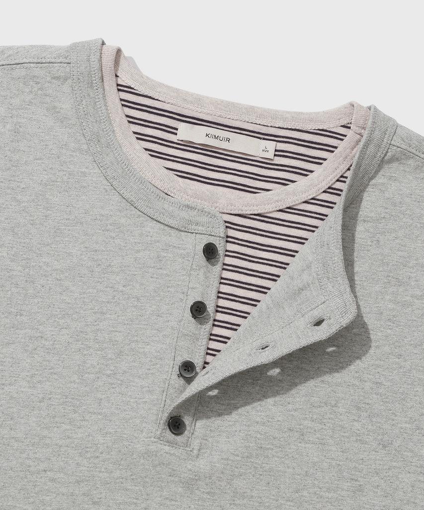 KIIMUIR [Crop] Striped Layered Henley Neck Short Sleeve T-Shirt_Melange Gray