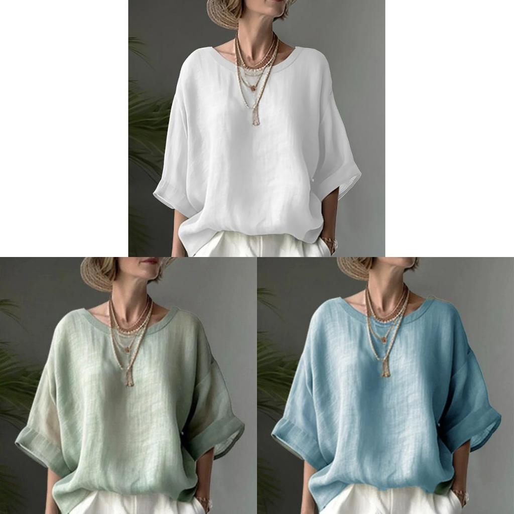 Camicia da donna in cotone e lino, vestibilità larga, con scollo rotondo e maniche corte, per un look casual primaverile