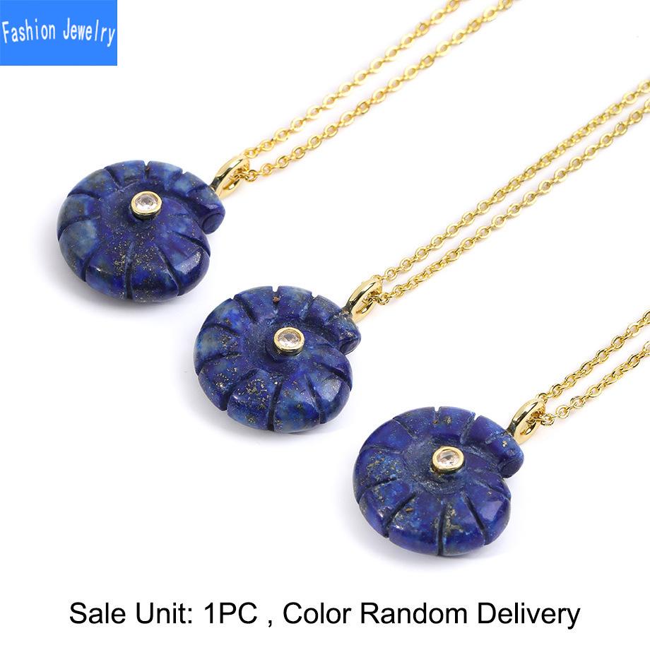 Ocean style carved natural stone conch pendant zircon shell lapis lazuli crystal necklace jewelry