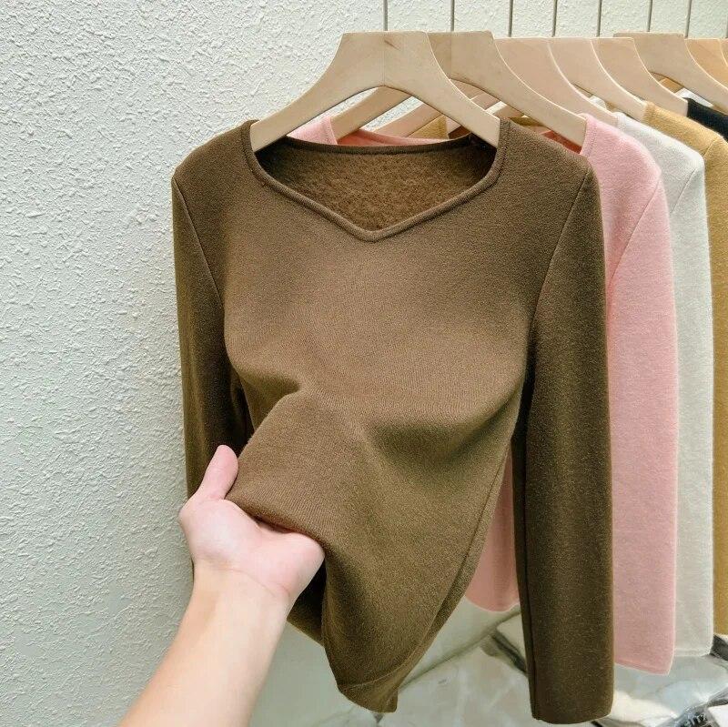 

Повседневный флисовый толстый трикотаж с v-образным вырезом, модный теплый бархатный свитер для женщин, осень-зима 2023, офисные женские топы с длинными рукавами 29779 XL