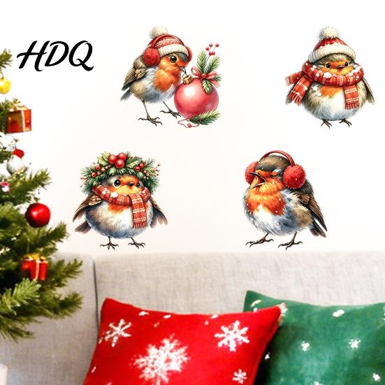 Decorative Bird Wall Art Christmas Sticker Cute Watercolor Decals with Wreath/Scarf/Hat/Ear Warmer PVC Waterproof Murals for Living Room Window