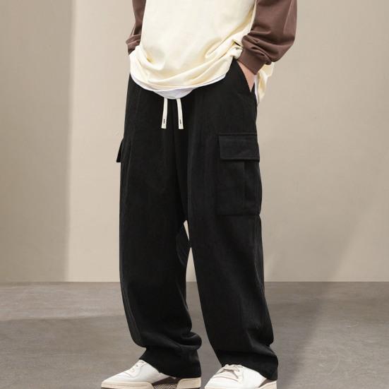 Yousheng Men Pants Elastic Waist Adjustable Drawstring Long Pants with Flap Pockets Solid Color Loose Fit Corduroy Pants
