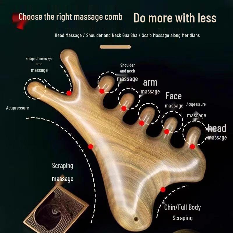 Multi-functional 4-in-1 Sandalwood Comb for Head Therapy, Gua Sha, Meridian Unblocking, and Face, Eye, Scalp Massage