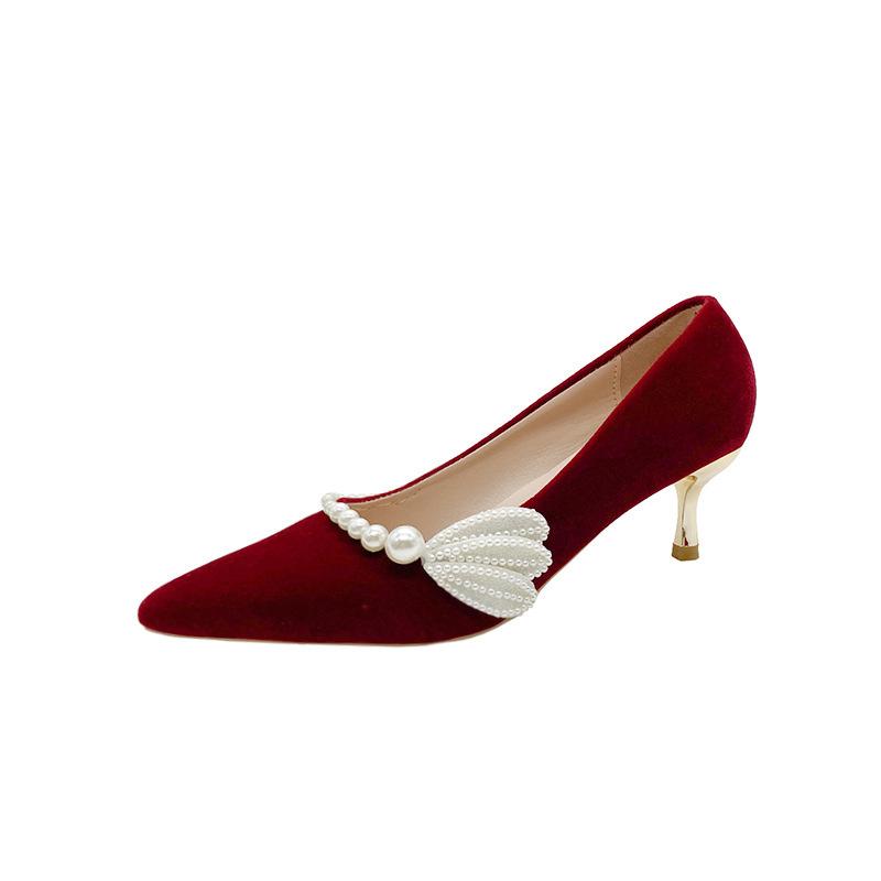 Pearl bridal high heels 2025 new pointed show clothes wedding shoes pregnant women are not tired feet Chinese wedding shoes women