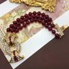 Retro Pomegranate Red Glass Bead Layered Sweater Chain & Rhinestone Necklace Bracelet Set