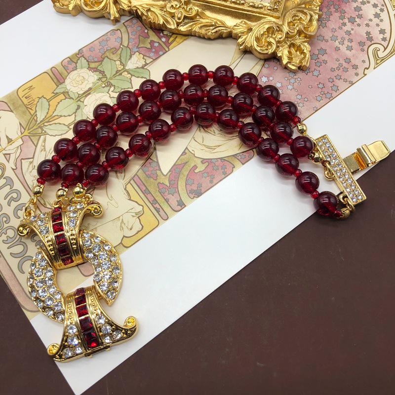 Retro Pomegranate Red Glass Bead Layered Sweater Chain & Rhinestone Necklace Bracelet Set
