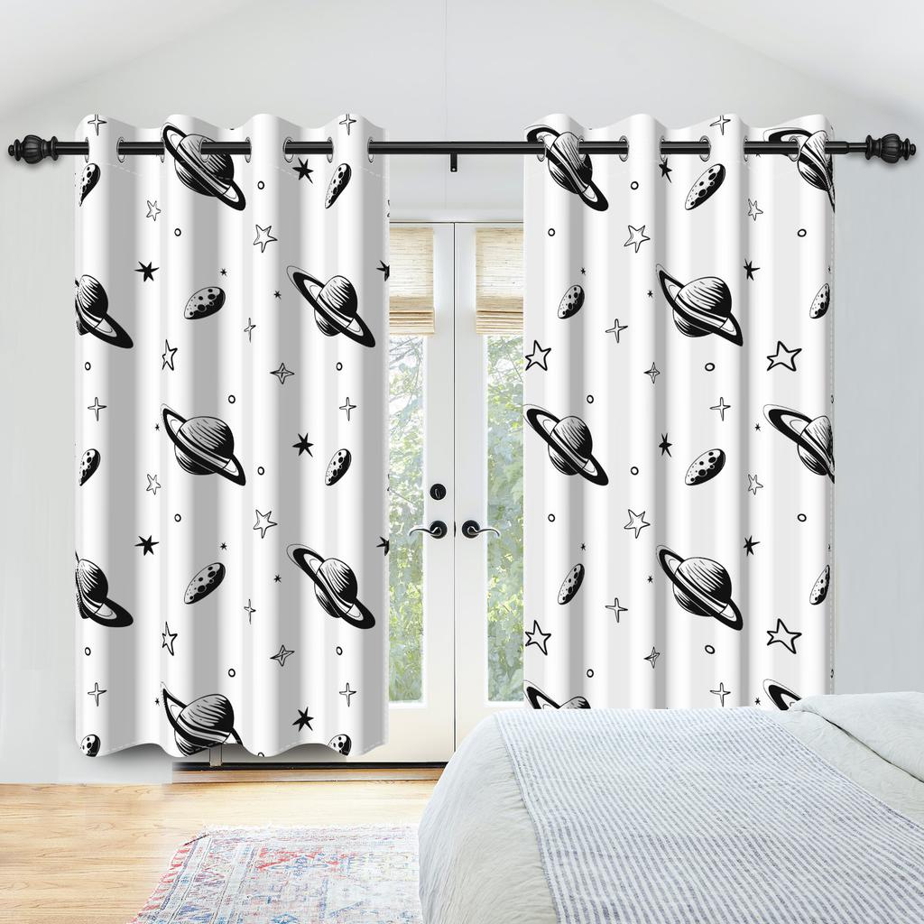 Set mit 2 Vorhängen im Weltraum-Thema Sterne Cartoon Astronomisches Design Kinderzimmer Dekoration Schlafzimmer Wohnzimmer Fenster Vorhänge Verdunkelnd Polyester Ideal