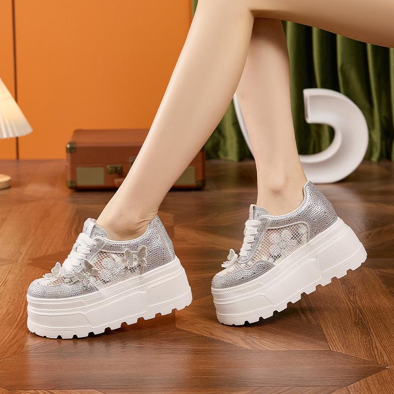 Platform White Shoes Women's 2025 Spring and Summer New Inner Height Increase Women's Shoes Hollow Breathable Mesh Sandals Versatile Casual Shoes