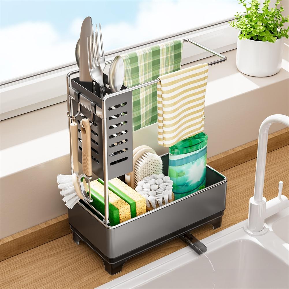 Kitchen Sink Drain Rack Sponge Holder with Soap Dispenser and Towel Bar Space Saving Design for Clean Kitchens
