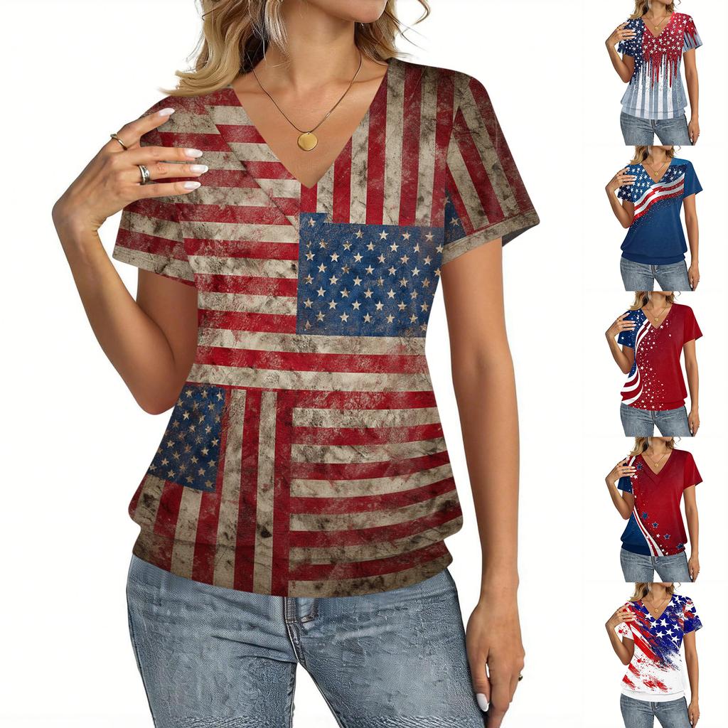 Women's Casual Short Sleeve V Neck Top with Independence Day Flag Print Lightweight Comfortable Summer Shirt for Daily Wear